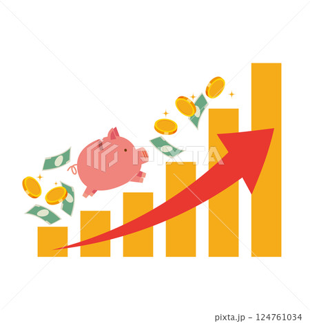 右肩上がりグラフとブタの貯金箱 右肩上がりグラフとブタの貯金箱 124761034
