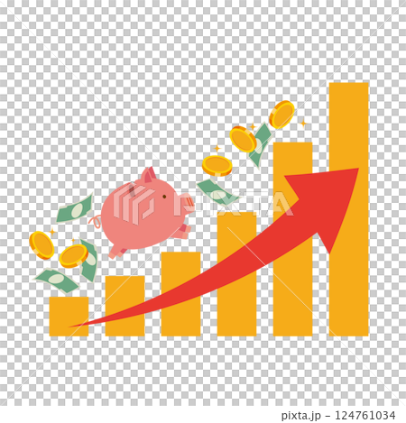 右肩上がりグラフとブタの貯金箱 右肩上がりグラフとブタの貯金箱 124761034