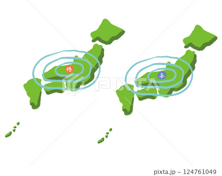 ゆるい手描きタッチ　日本列島に近づく高気圧、低気圧のイラスト 124761049