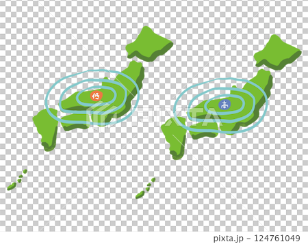 ゆるい手描きタッチ　日本列島に近づく高気圧、低気圧のイラスト 124761049