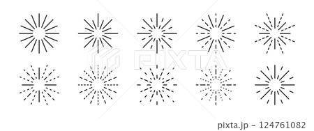 Set of fireworks icons. Sun or star symbols. Starburst, sunburst or sunbeam signs. Radiance or energy, twinkle, bling or sparkle pictograms isolated on white background. Vector graphic illustration 124761082