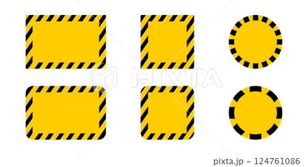 Square, round and rectangle frames with caution tape borders and blank space. Attention, stop or forbidden sign templates. Danger, restricted or warning banners. Vector flat illustration 124761086