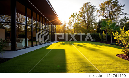 The modern individual residential house is surrounded by a well-groomed beautiful lawn 124761360