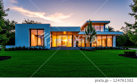The modern individual residential house is surrounded by a well-groomed beautiful lawn 124761382
