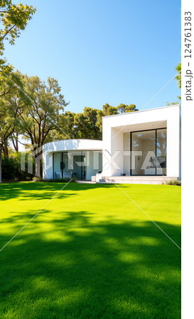 The modern individual residential house is surrounded by a well-groomed beautiful lawn 124761383