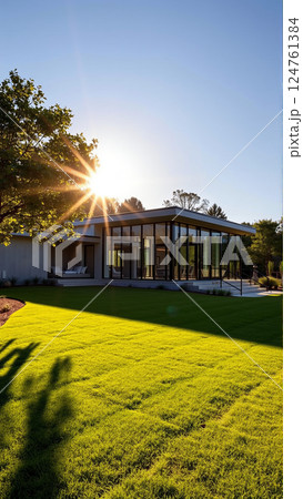 The modern individual residential house is surrounded by a well-groomed beautiful lawn 124761384
