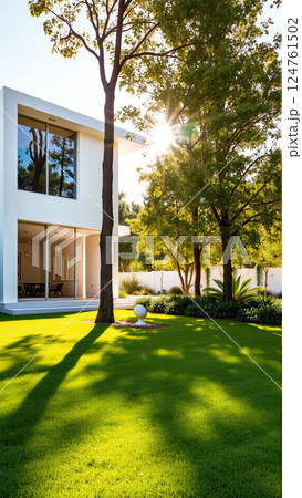The modern individual residential house is surrounded by a well-groomed beautiful lawn 124761502