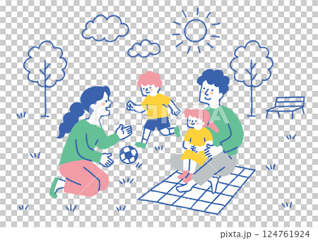 一家四口在公園野餐_顏色 124761924