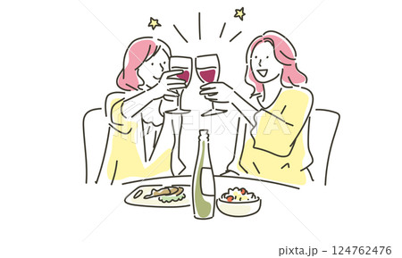 女性同士で乾杯をしているシンプルなイラスト 124762476