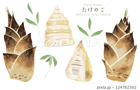 水彩でラフに描いたかわいいたけのこのイラスト素材セット 124762502