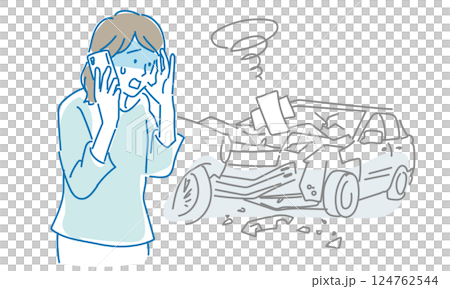 交通事故を起こして慌てて電話をかける女性 124762544