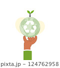 Hand holding Earth globe with plant and recycle symbol. Earth Day, World Environment Day. Recycle concept. Sustainable ecology and environment conservation concept design. Vector illustration. 124762958