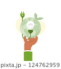 Hand holding Earth globe with Light bilb. Earth Day, World Environment Day. Green Energy concept. Sustainable ecology and environment conservation concept design. Vector illustration. 124762959