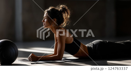 fit woman in activewear performs Pilates move on mat, exuding focus and determination 124763337