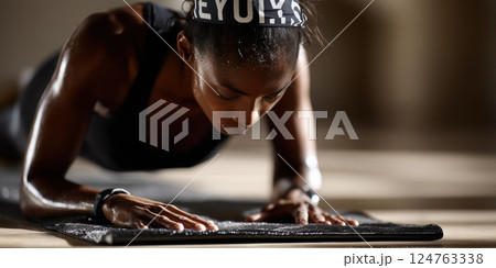 focused woman performing plank exercise on mat, showcasing strength and determination 124763338