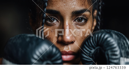 determined woman with braided hair and boxing gloves focuses intensely during workout 124763339