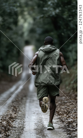 man running through forest trail surrounded by vibrant greenery, exuding determination 124763343