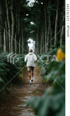 man running through forest trail surrounded by vibrant greenery, feeling energized 124763344
