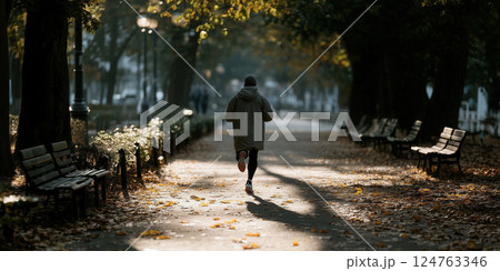 man jogging through scenic park trail during sunrise, surrounded by autumn leaves 124763346