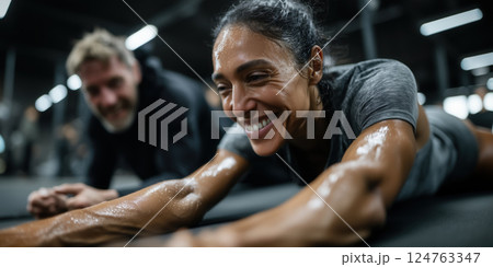 woman smiling while stretching on gym mat, with trainer encouraging her in fitness studio 124763347