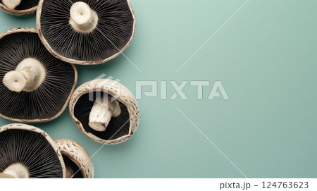 Flat lay black mushroom organic natural vegetable copy space isolated 124763623