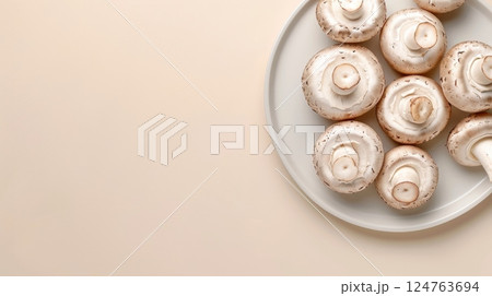 Flat lay mushroom organic fungus plant on white plat for cooking copy space isolated 124763694