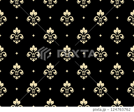 Flower geometric pattern. Seamless vector background. Golden and black ornament Flower geometric pattern. Seamless vector background. Golden and black ornament 124763762