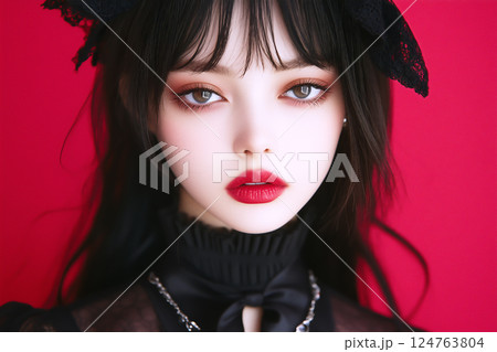 ゴシックファッションの美しい女性と赤い背景 ゴシックファッションの美しい女性と赤い背景 124763804