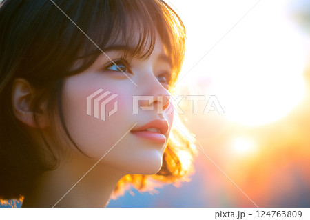 夕焼けの光を浴びて上を見上げる美しい女性 124763809