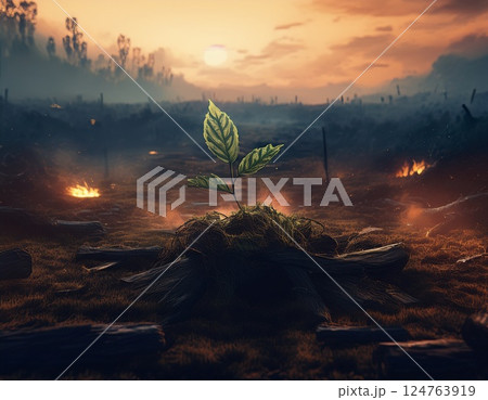 瓦礫が燃える荒地に芽吹く若葉 ai生成画像 瓦礫が燃える荒地に芽吹く若葉 ai生成画像 124763919