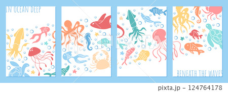 Set of colorful underwater marine life postcard illustrations featuring various sea creatures. Reef animals like turtles, crabs, and jellyfish in a vibrant ocean water design template. 124764178