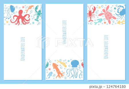 Poster design template set with oceans creatures like octopus, jellyfish, and sea turtle among marine plants and coral under water. Colorful aquatic life in vibrant sea scene with ocean reef elements. Poster design template set with oceans creatures like octopus, jellyfish, and sea turtle among marine plants and coral under water. Colorful aquatic life in vibrant sea scene with ocean reef elements. 124764180