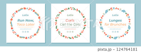 Colorful fitness frame with sport equipment and workout pattern set. Gym banner design in flat style. Ideal for lifestyle background, exercise set, or decor template. 124764181