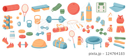 Colorful flat set of sport equipment on white background. Gym accessories and workout items including dumbbells, training mats, and fitness tools. Perfect for active lifestyle themes. 124764183