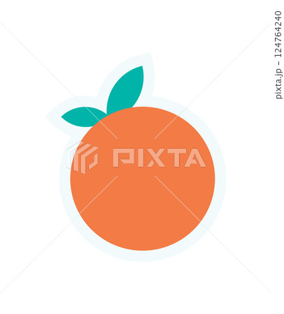 Round orange icon, flat sticker. Simple fruit shape in a modern style. Abstract symbol, flat design, minimal aesthetic, trendy usage. Round orange icon, flat sticker. Simple fruit shape in a modern style. Abstract symbol, flat design, minimal aesthetic, trendy usage. 124764240