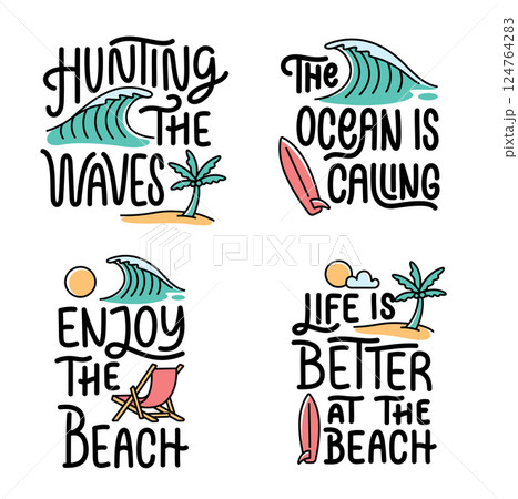 Collection of written phrases, slogans or quotes with beach elements 124764283