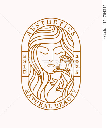 beautiful woman and rose line art with oval badge beautiful woman and rose line art with oval badge 124764315