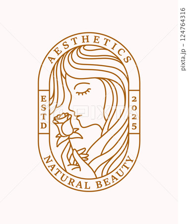 beautiful woman and rose line art with oval badge 124764316