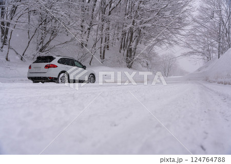 冬の雪の中を走る車 冬の雪の中を走る車 124764788