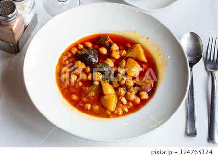 Portion of chickpea soup in restaurant 124765124