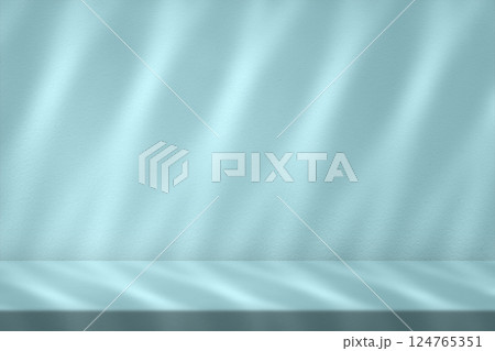 Minimal Empty Table with Light Beam and Shadow on Light Shade of Cyan Wall Minimal Empty Table with Light Beam and Shadow on Light Shade of Cyan Wall 124765351