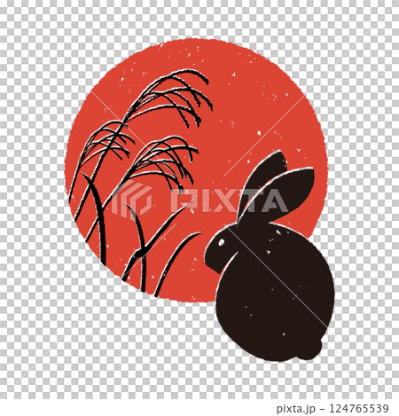Print-style full moon and rabbit, silhouette of silver grass 124765539