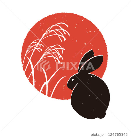 版画風　満月とウサギ　ススキのシルエット 124765543