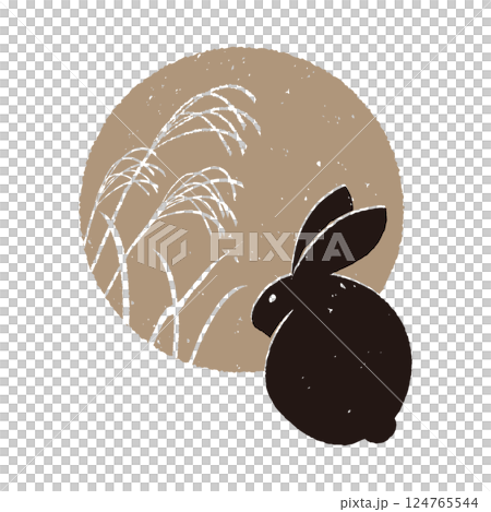 版画風　満月とウサギ　ススキのシルエット 124765544