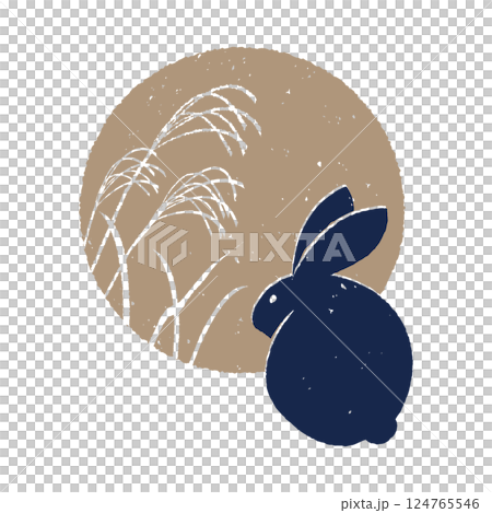 版画風　満月とウサギ　ススキのシルエット 124765546