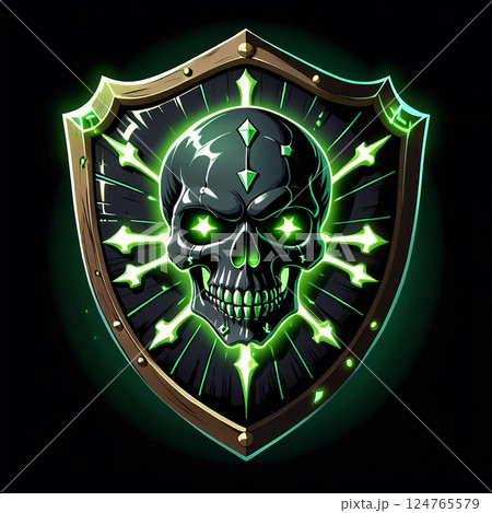 Dark green skull emblem on shield with glowing eyes and sharp accents on black background, evoking a sense of mystery and danger in a bold, graphic illustration style. 124765579
