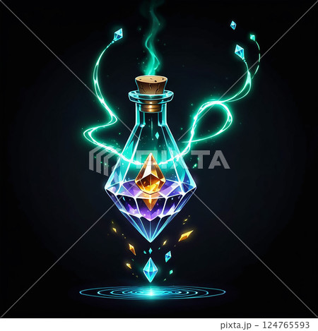 Glowing crystal potion bottle with swirling magical energy and floating gems on a dark background radiating vibrant colors and enchanting designs. 124765593