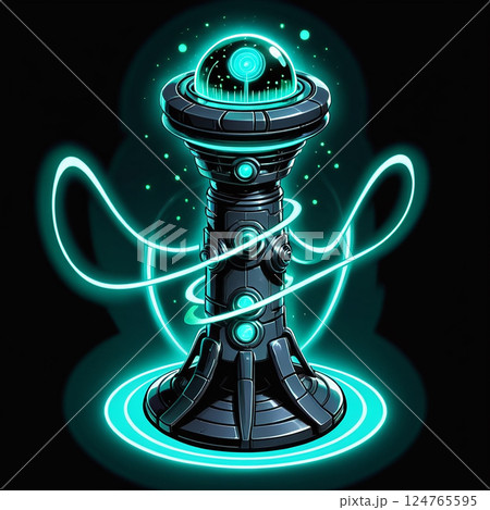 Luminescent futuristic energy source with glowing lines and circular patterns against a black background, exuding a sci-fi aesthetic and vibrant colors creating an otherworldly atmosphere. 124765595