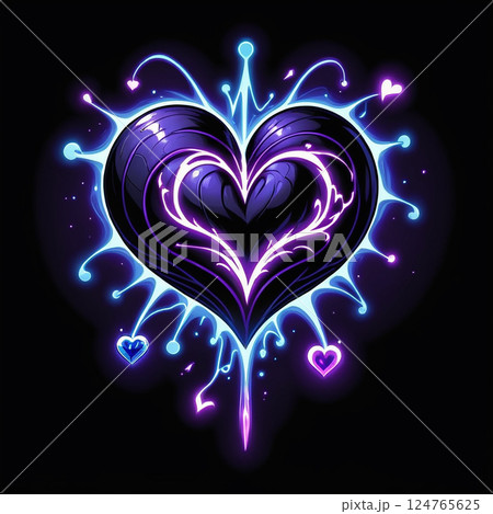 Radiant purple heart surrounded by glowing splashes of light and smaller hearts, set against a deep black background, creating a captivating and mystical visual effect. Radiant purple heart surrounded by glowing splashes of light and smaller hearts, set against a deep black background, creating a captivating and mystical visual effect. 124765625