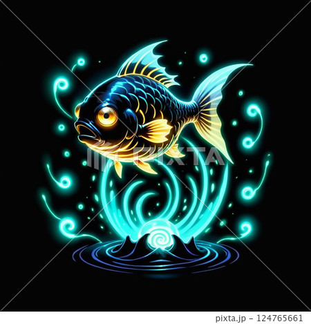 Glowing fish swimming above a mystical water source with swirling energies in a dark background, vibrant blue and green colors creating an enchanting atmosphere. 124765661